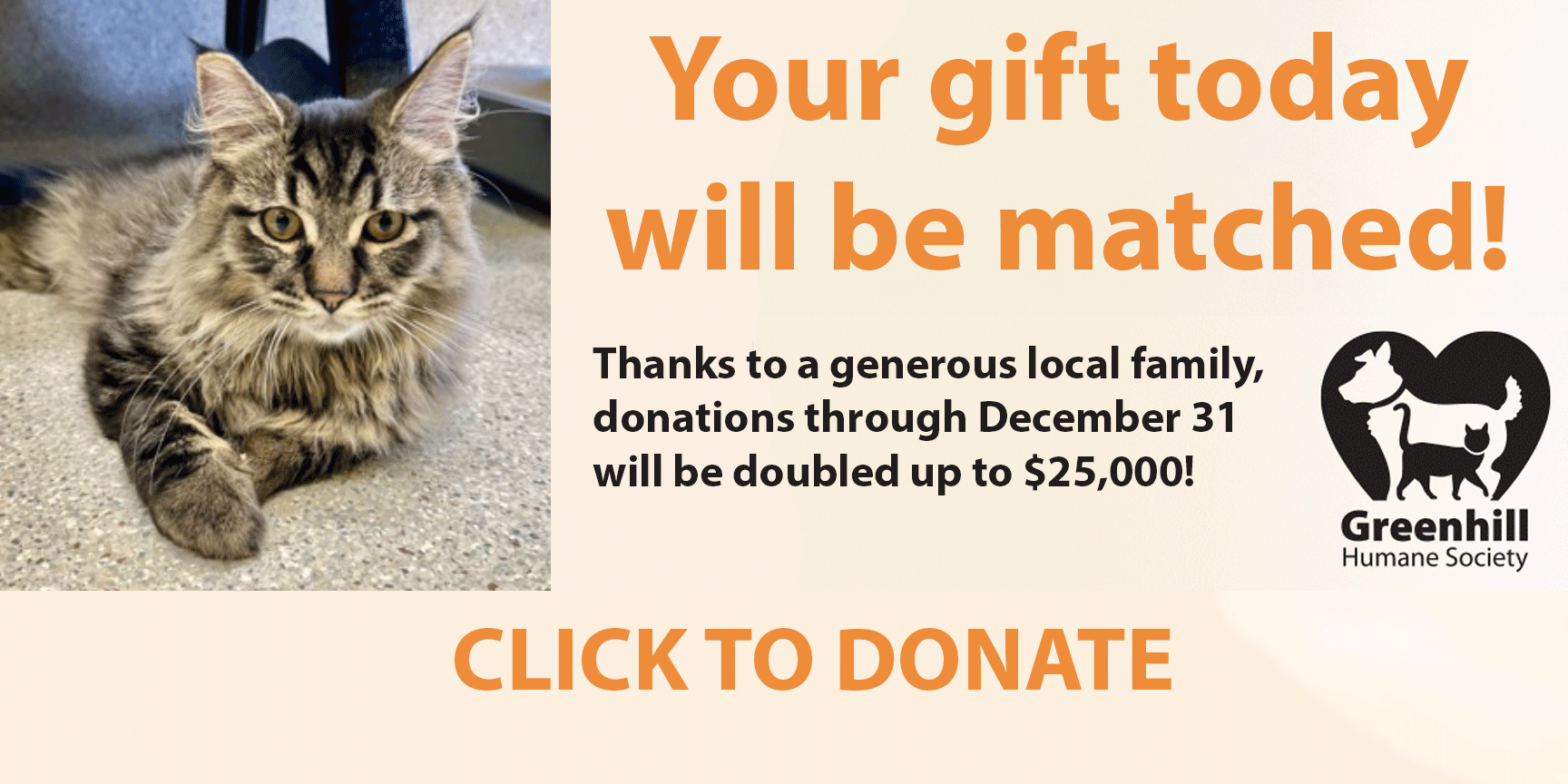 Click to Donate. Gifts will be matched through December 31st.